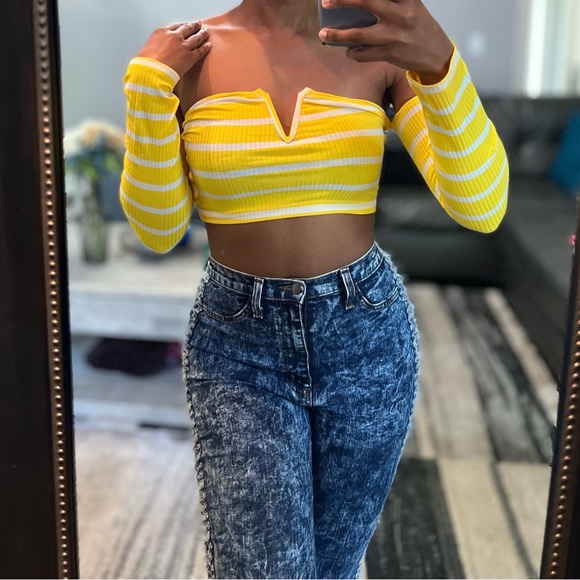 Stretchy Yellow and White Striped V Neck Long Sleeved Crop Top, Brand New - Picture 1 of 4